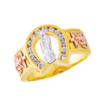 14K Solid Gold Fancy Virgen de Maria Lady of Guadeloupe CZ Grooved Heart Ring 