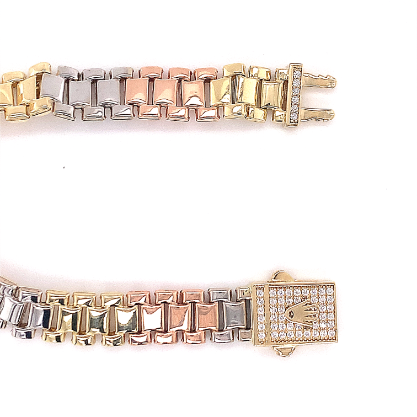 14k Tri Color Rolex Style Bracelet with CZ Stones Mayas Gold