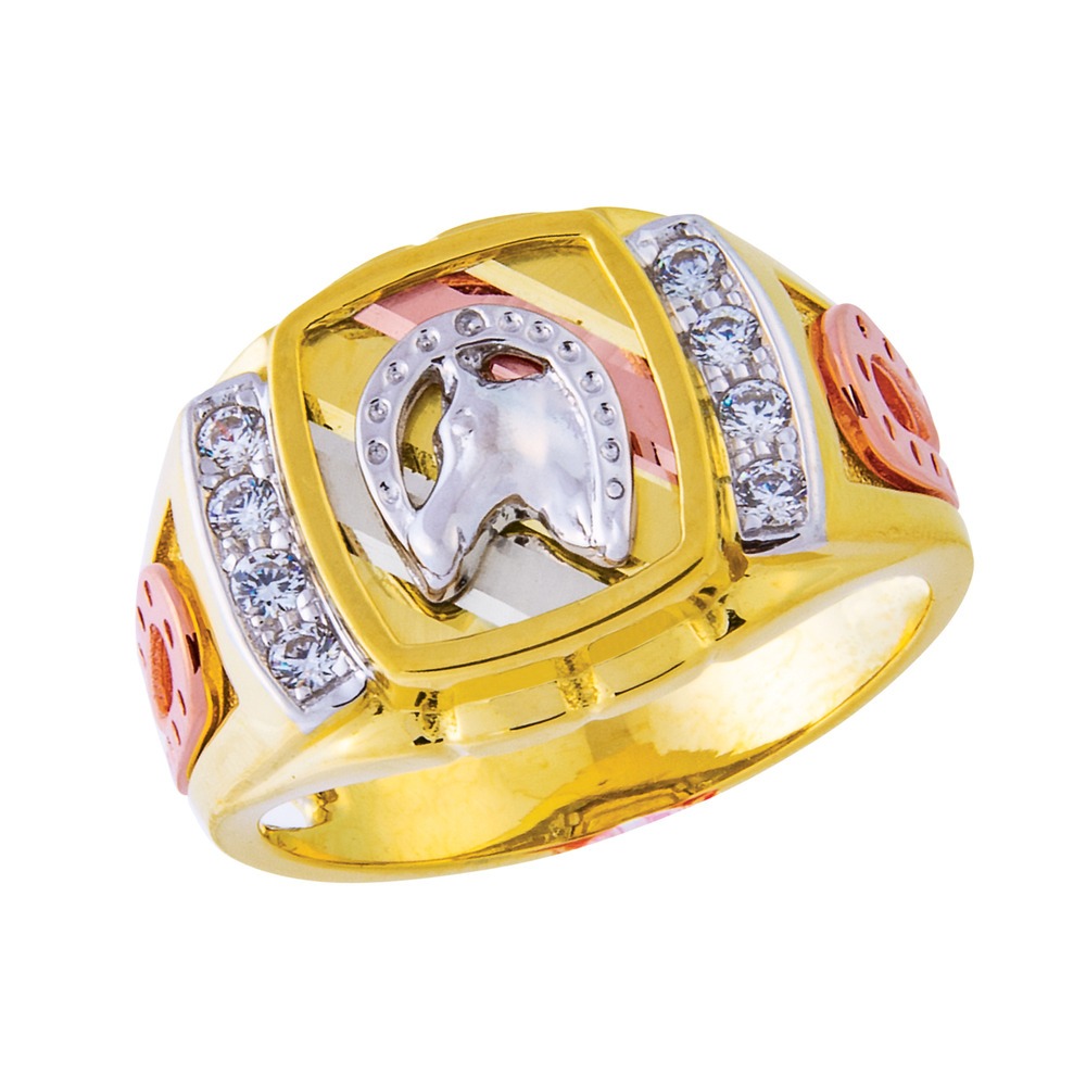 14K Tri Color Horseshoe CZ Ring – Maya's Gold