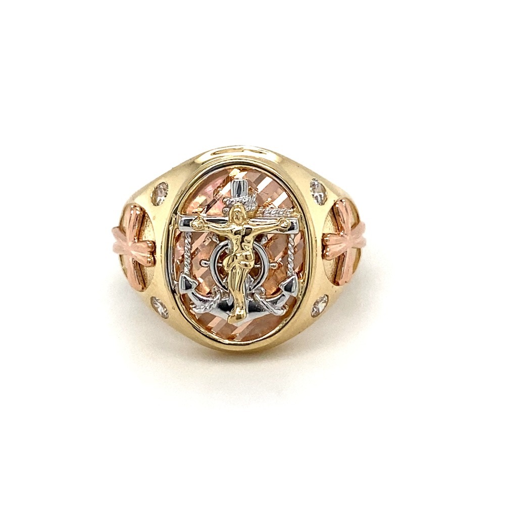 14K Tri Color Gold Crucifix Anchor CZ Ring – Maya's Gold